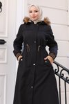 Siyah Kürk Yakalı Beli Bağcıklı Tesettür Mont