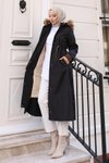 Siyah Kürk Yakalı Beli Bağcıklı Tesettür Mont