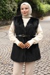 Siyah Kürklü Kemerli Tesettür Yelek