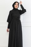 Siyah Puantiyeli Kemerli Tesettür Elbise