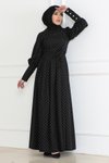 Siyah Puantiyeli Kemerli Tesettür Elbise