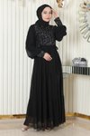 Siyah Pulpayetli Şifon Tesettür Abiye Elbise