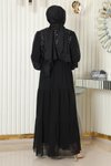Siyah Pulpayetli Şifon Tesettür Abiye Elbise