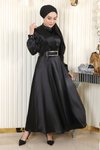 Siyah Saten Drapeli Tesettür Abiye Elbise
