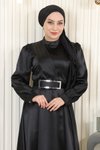 Siyah Saten Drapeli Tesettür Abiye Elbise