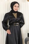 Siyah Saten Taş Detaylı Tesettür Abiye Elbise