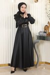 Siyah Saten Taş Detaylı Tesettür Abiye Elbise