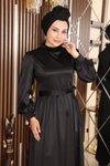 Siyah Saten Tüy Detaylı Tesettür Abiye Elbise