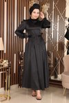 Siyah Saten Tüy Detaylı Tesettür Abiye Elbise