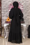 Siyah Şifon Dantel Detaylı Tesettür Abiye Elbise