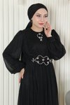 Siyah Simli Drapeli İnci Detaylı Şifon Abiye Elbise