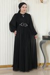 Siyah Simli Drapeli İnci Detaylı Şifon Abiye Elbise