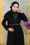 Siyah Simli Şifon Taş Detaylı Drapeli Tesettür Abiye Elbise