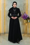 Siyah Simli Şifon Taş Detaylı Drapeli Tesettür Abiye Elbise