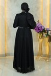 Siyah Simli Şifon Taş Detaylı Drapeli Tesettür Abiye Elbise