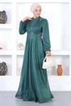 Zümrüt Dantelli İncili Simli Tesettür Abiye Elbise