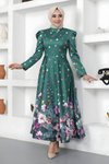 Zümrüt Puantiyeli Çiçekli Saten Tesettür Abiye Elbise