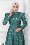 Zümrüt Puantiyeli Çiçekli Saten Tesettür Abiye Elbise