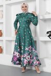 Zümrüt Puantiyeli Çiçekli Saten Tesettür Abiye Elbise