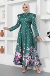 Zümrüt Puantiyeli Çiçekli Saten Tesettür Abiye Elbise