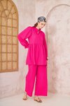 Fuşya Gofre Büzgülü Balon Kol Beli Lastikli Cepli Tesettür Takım