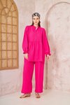 Fuşya Gofre Büzgülü Balon Kol Beli Lastikli Cepli Tesettür Takım