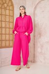 Fuşya Gofre Büzgülü Balon Kol Beli Lastikli Cepli Tesettür Takım