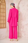 Fuşya Gofre Büzgülü Balon Kol Beli Lastikli Cepli Tesettür Takım