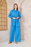 Mavi Gofre Balon Kol Büzgülü Beli Lastikli Cepli Tesettür İkili Takım