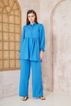 Mavi Gofre Balon Kol Büzgülü Beli Lastikli Cepli Tesettür İkili Takım