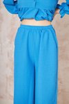 Mavi Gofre Balon Kol Büzgülü Beli Lastikli Cepli Tesettür İkili Takım