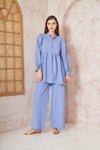 Mavi Gofre Balon Kol Büzgülü Tunik Pantolon Takım