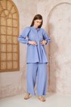 Mavi Gofre Balon Kol Büzgülü Tunik Pantolon Takım