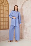 Mavi Gofre Balon Kol Büzgülü Tunik Pantolon Takım