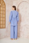 Mavi Gofre Balon Kol Büzgülü Tunik Pantolon Takım