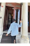 Mavi Kar Yıkama Oversize Cepli Düğmeli Tesettür Gömlek Ceket