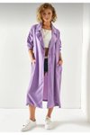 Mor Ekstra Bol Kesim Uzun Kemerli Düğmeli Trençkot