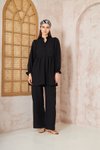 Siyah Gofre Balon Kol Büzgülü Tesettür Takım