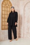 Siyah Gofre Balon Kol Büzgülü Tesettür Takım