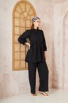 Siyah Gofre Balon Kol Büzgülü Tesettür Takım