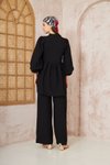 Siyah Gofre Balon Kol Büzgülü Tesettür Takım