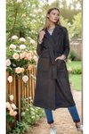 Siyah Uzun Astarsız Kuşaklı Şal Yaka Kaşe Kaban