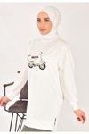 Ekru İki İplik Kumaş Scooter Nakışlı Tesettür Tunik
