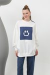 Ekru Smile Baskılı Oversize Tesettür Tunik
