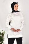 Ekru Taş Desenli İki İplik Kumaş Tesettür Tunik
