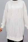 Ekru Taş Detaylı İp Kumaş Sweatshirt Tunik