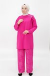 Fuşya İkili Aerobin Kumaş Omuzu Düğme Detaylı Tesettür Takım