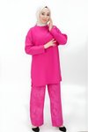 Fuşya İkili Aerobin Kumaş Omuzu Düğme Detaylı Tesettür Takım