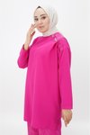 Fuşya İkili Aerobin Kumaş Omuzu Düğme Detaylı Tesettür Takım
