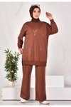 Kahve Taş Baskılı İki İplik Kumaş Tesettür Tunik